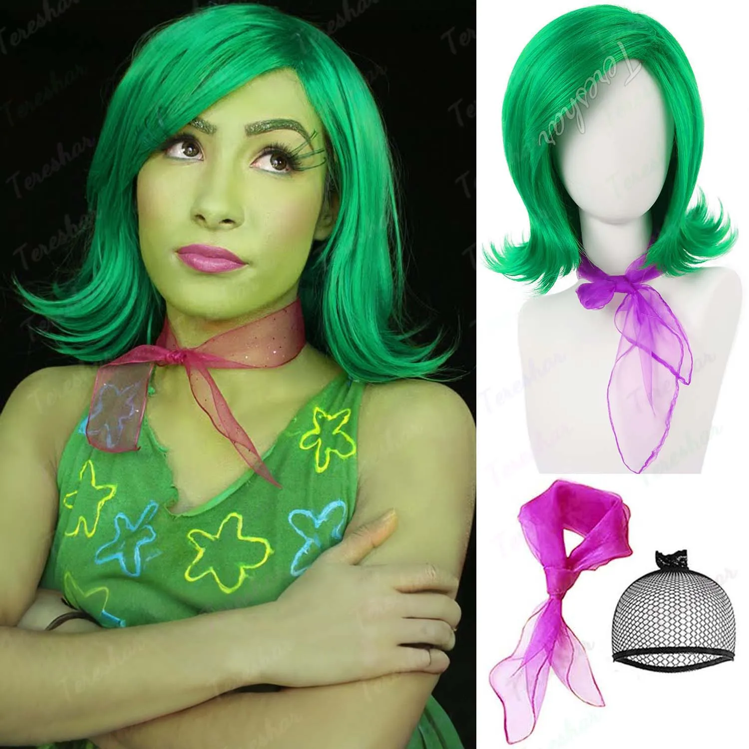 

Synthetic Short Green Wig with Purple Scarf for Women Green Curly Wave Flip Bob Wig Disgust Cosplay Wig for Party Halloween Use