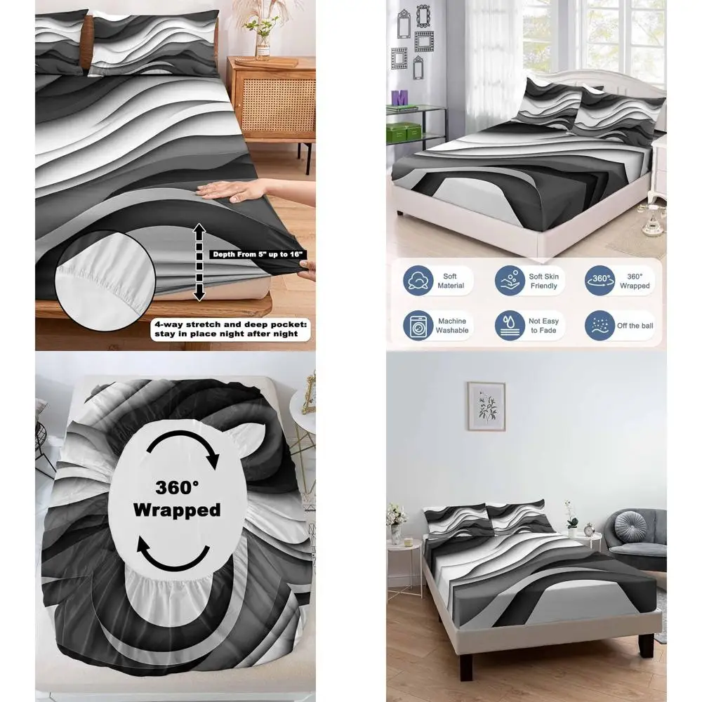 

Deep Pocket Cal King Fitted Sheets in Abstract Waves, Grey, White, and Black, Plush Luxury Bedding Set with 2 Pillowcases