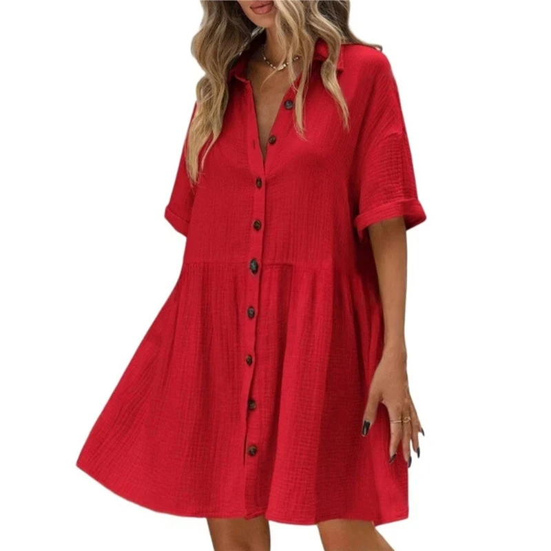 Women's Dress Shirt Dress Short Sleeve Mini Short Button Down Open Front Casual Fashion Elegant Party