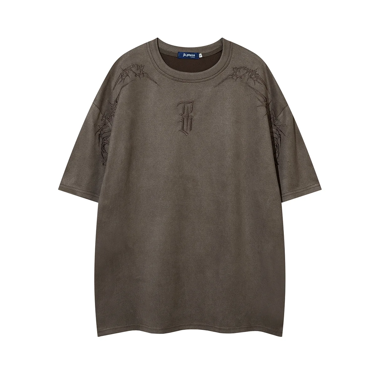 2026 American Streetwear Suede T-Shirt Men Thorn Embroidery High Street Short Sleeve Tee Vintage Casual Tops