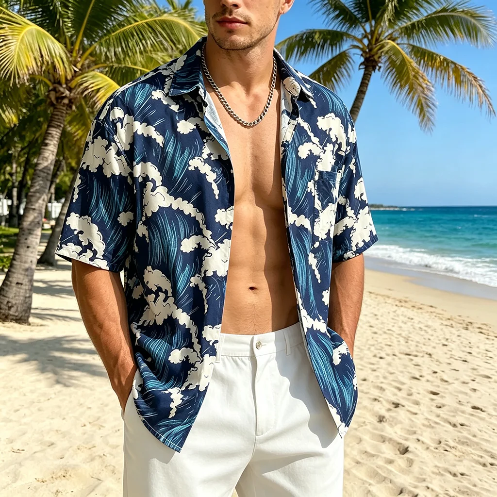 Women's Wave Print Hawaiian Shirt - Summer Casual Oversized Short Sleeve Blouse Loose Fit Beach Shirt for Vacation