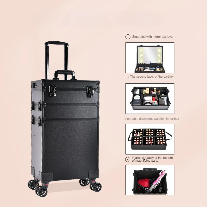 Imagem -02 - Cosmético Profissional com Rodas Rolando Mala Trolley Mala Luz Led Caixa Espelho Bagagem Bordado Mala de Viagem Case