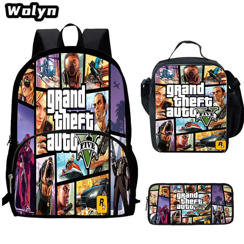 Mochila escolar con estampado Grand Thef para estudiantes, Juego de 3 piezas, con fiambrera, estuche para lápices, para Grades1-3