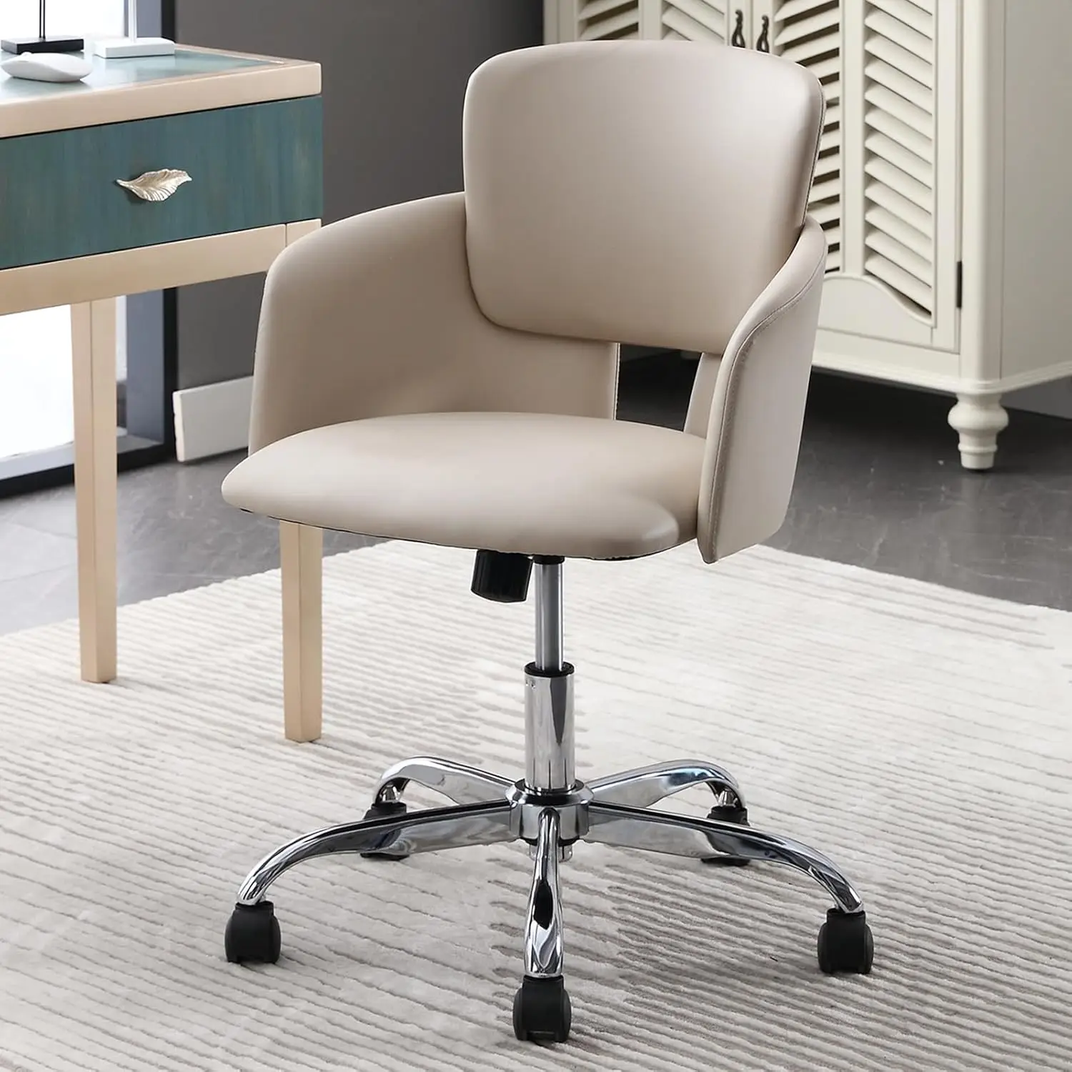 

Modern Beige Ergonomic Computer Chair with Wheels & Adjustable Height Mid Back Swivel Task Chair for Home Office, Study Room