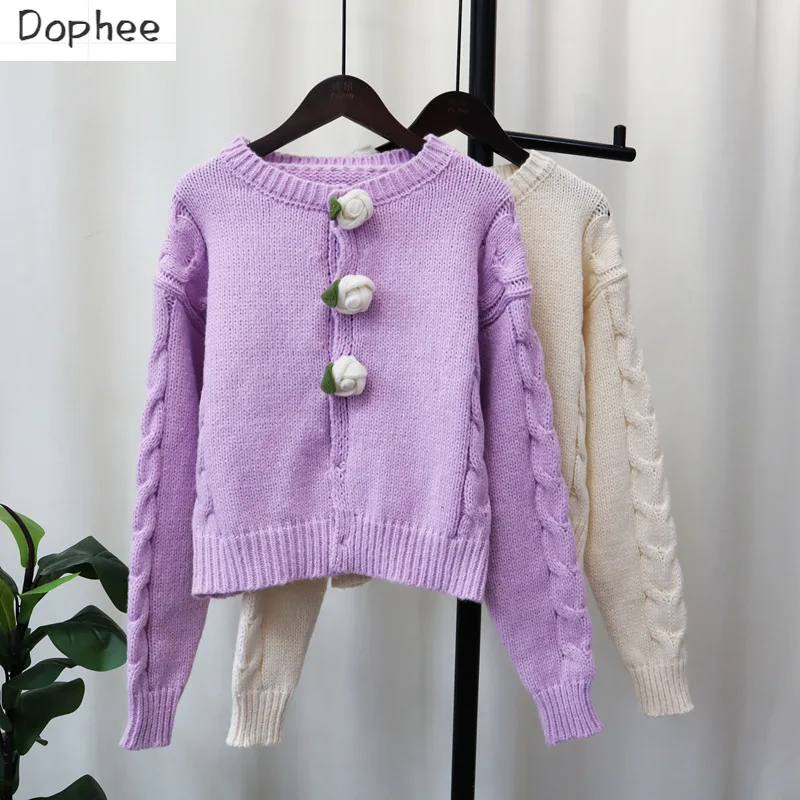 

Dophee 3d Flowers Knitted Cardigans Short Sweaters 2023 New Autumn Winter Single-breasted Loose Long Sleeve Cardigans Top