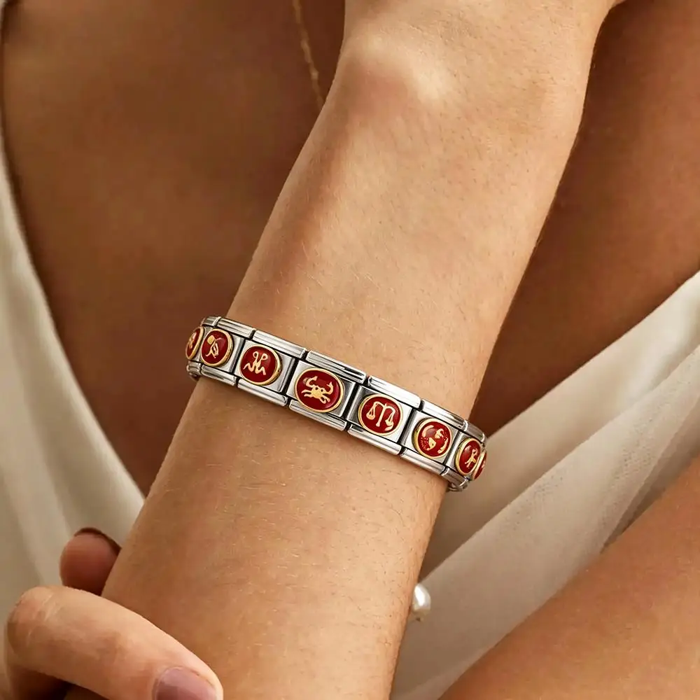 Neue Mode Rote Emaille Horoskop-Glieder Geburtstags-Edelstahl-Charm Perle für italienische 9mm Armbänder Damen Herren Schmuck – Detail 6