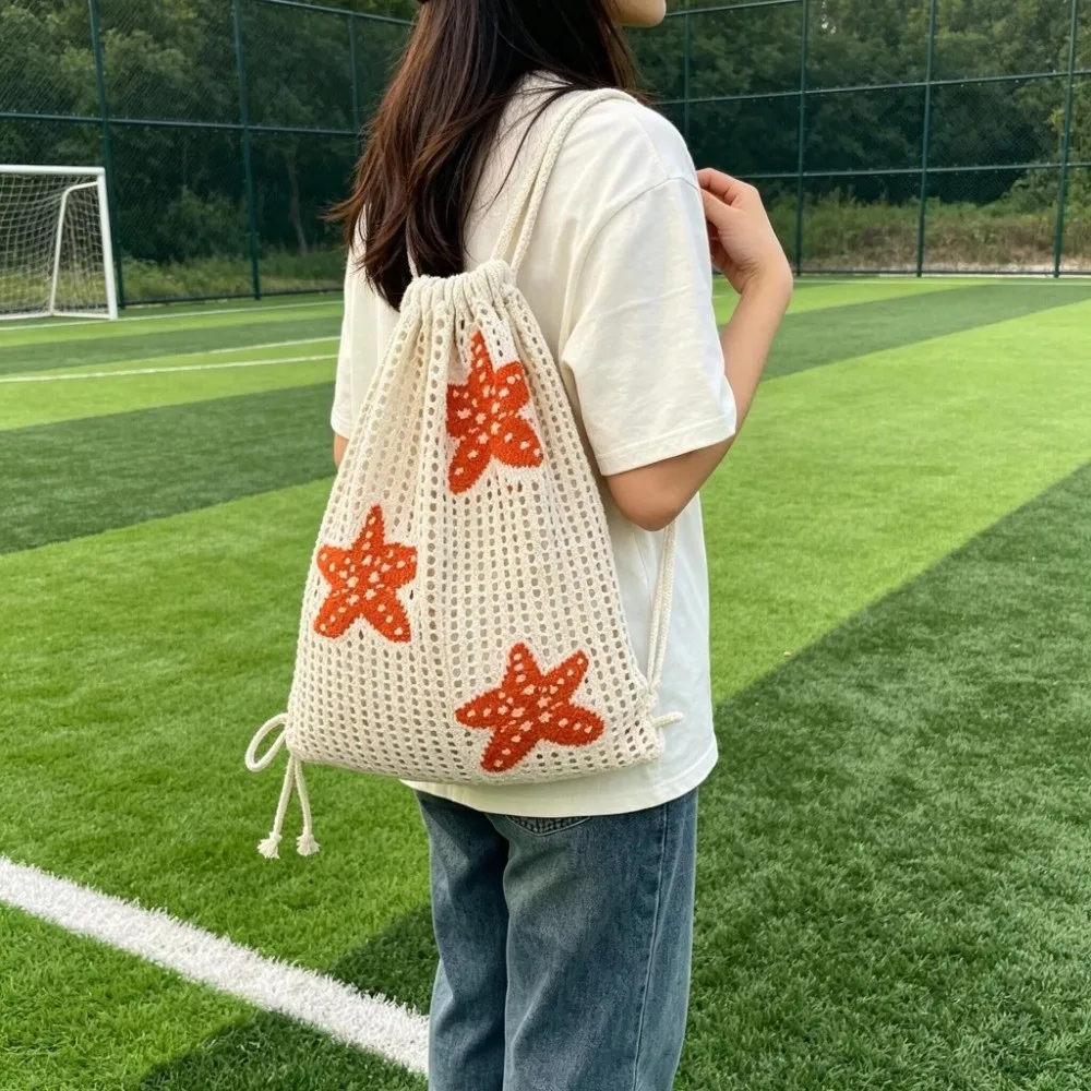 Starfish Embroidery Hollow-Out Backpack Shell Large Capacity Woven Shoulder Bag Crochet Drawstring Backpack for Beach Vacation