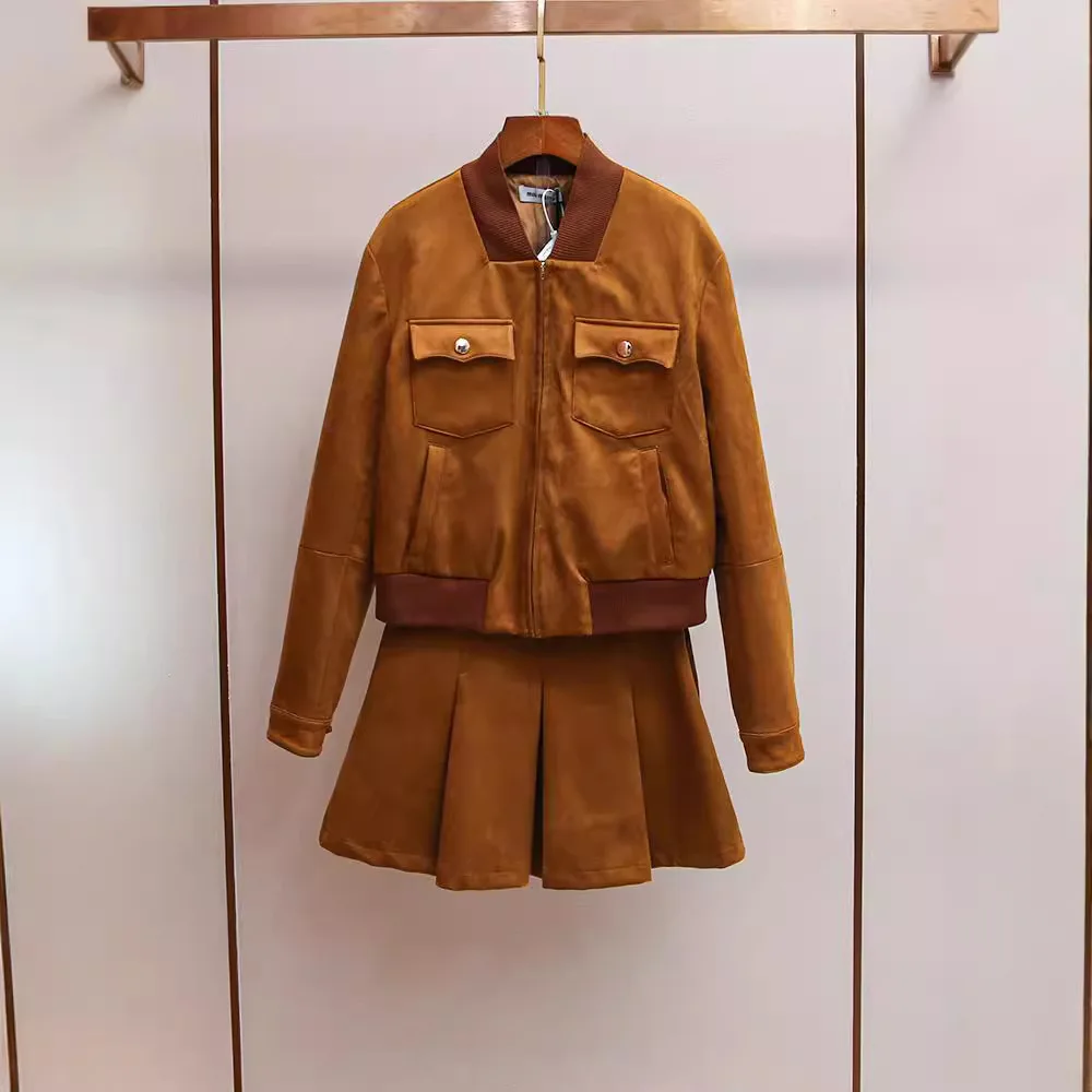 Conjunto de Falda Plisada y Chaqueta Retro de Moda para Mujer de Alta Gama MaSande, Otoño 2024, Manga Larga, Fibra de Poliéster