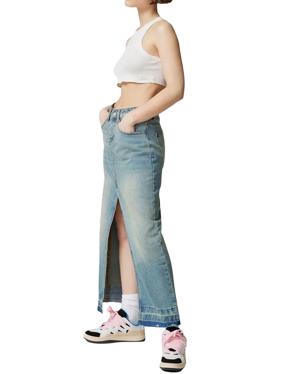 

Women Denim Maxi Skirt Front High Split Hem Raw Straight Midi Jean Skirt Y2K Summer Casual Office Pencil Long Skirt with Pockets