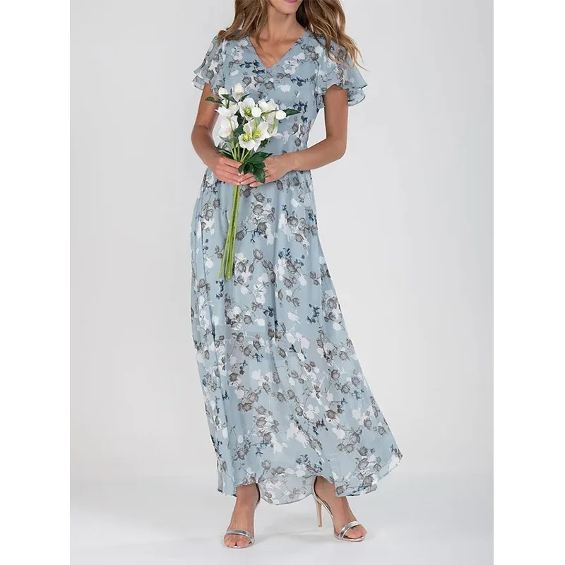 

New Comfortable Casual Versatile Beach Sweet Chiffon Floral Short Sleeved Ruffle V-neck Fashionable Waist Cinching Dress