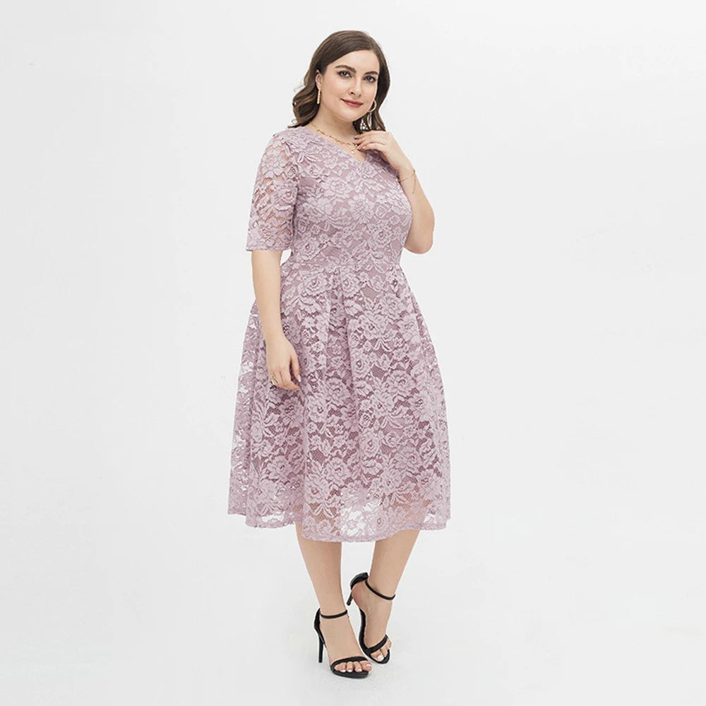 Plus Size Elegant Summer Wedding Party Light Dress Guest Bridesmaid Lady Lace Midi Dress Female Clothes Large Skirt Chubby Woman