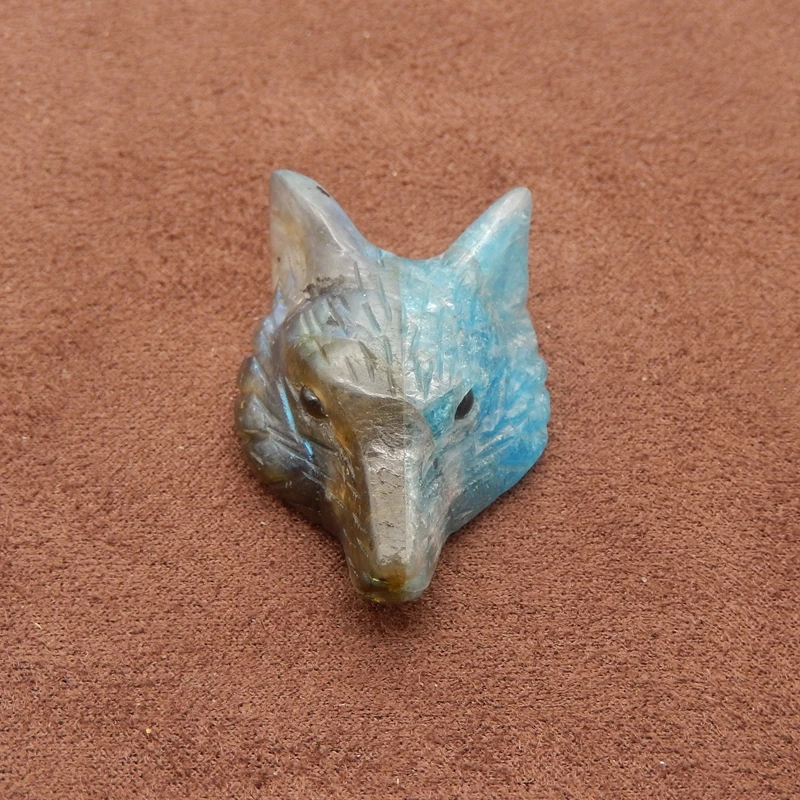 Hand-Carved Labradorite Blue Apatite Fox Head Pendant Iridescent Multi-Hued Gemstone Artisanal Jewelry Spiritual Collection