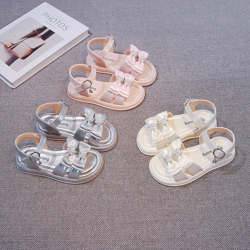 

Summer Toddler Girls Open Toe Sandals Bow Pearl Rhinestone Buckle Non-Slip Soft Sole for Party Wedding Beach Daily Outdoor Wear