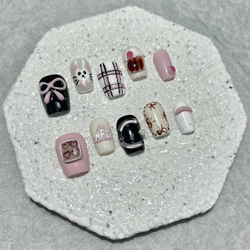 10 Pieces Cartoon Dopamine Press On Nails Handmade Cute White Cat Delicate Cupcake Bread Fake Nail Patch Removable