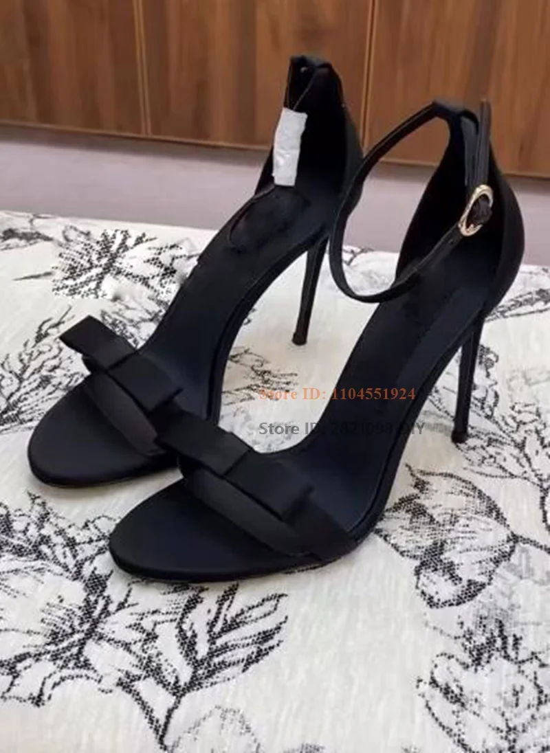 

Black Satin Silk Pumps Woman Thin High Heel Concise Bowtie Sandal Shoes Buckle Straps Female Stiletto Heeled Summer Shoes
