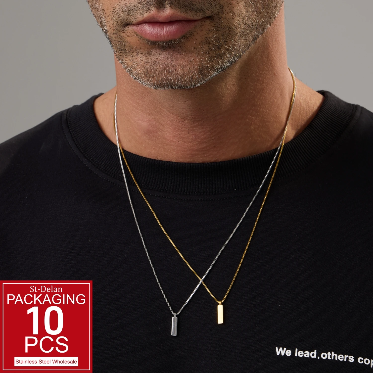 ZHENL 18K vergoldete Edelstahl-Boxkette Halskette für Herren 58cm Minimalistischer rechteckiger Stabanhänger Herren-Punk-Schmuck Geschenk – Detail 2
