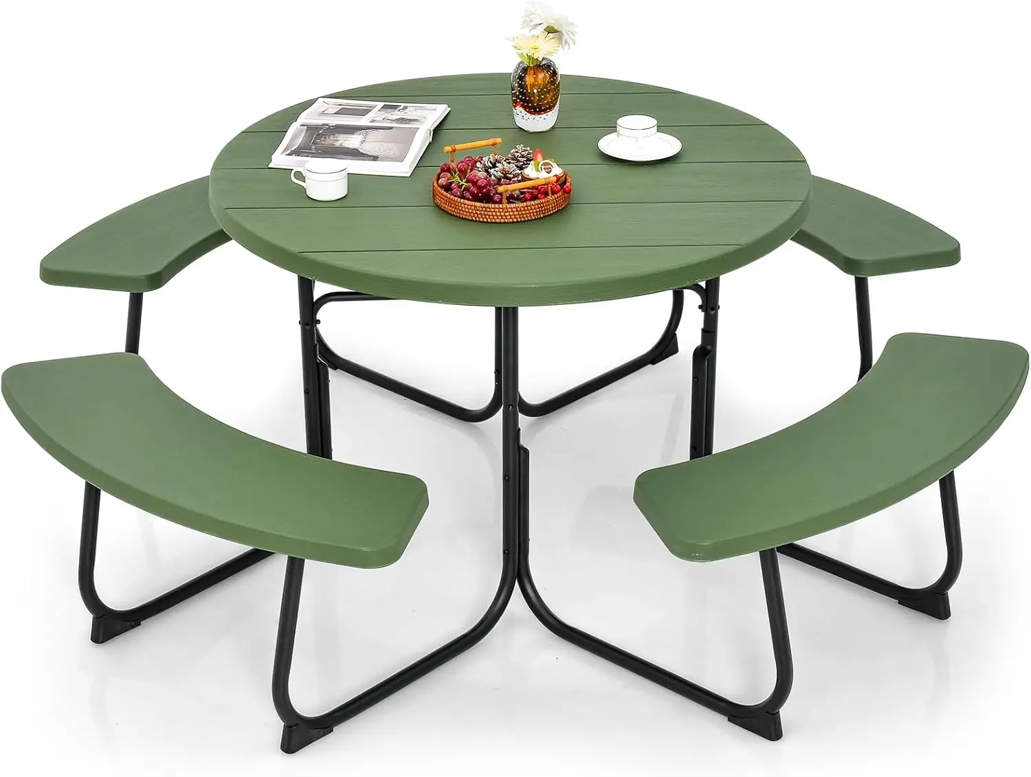 

Picnic Table for Up To 8 People Outdoor Round Table and Bench with Umbrella Hole Open Table Bench Deck Backyard Garden (green)