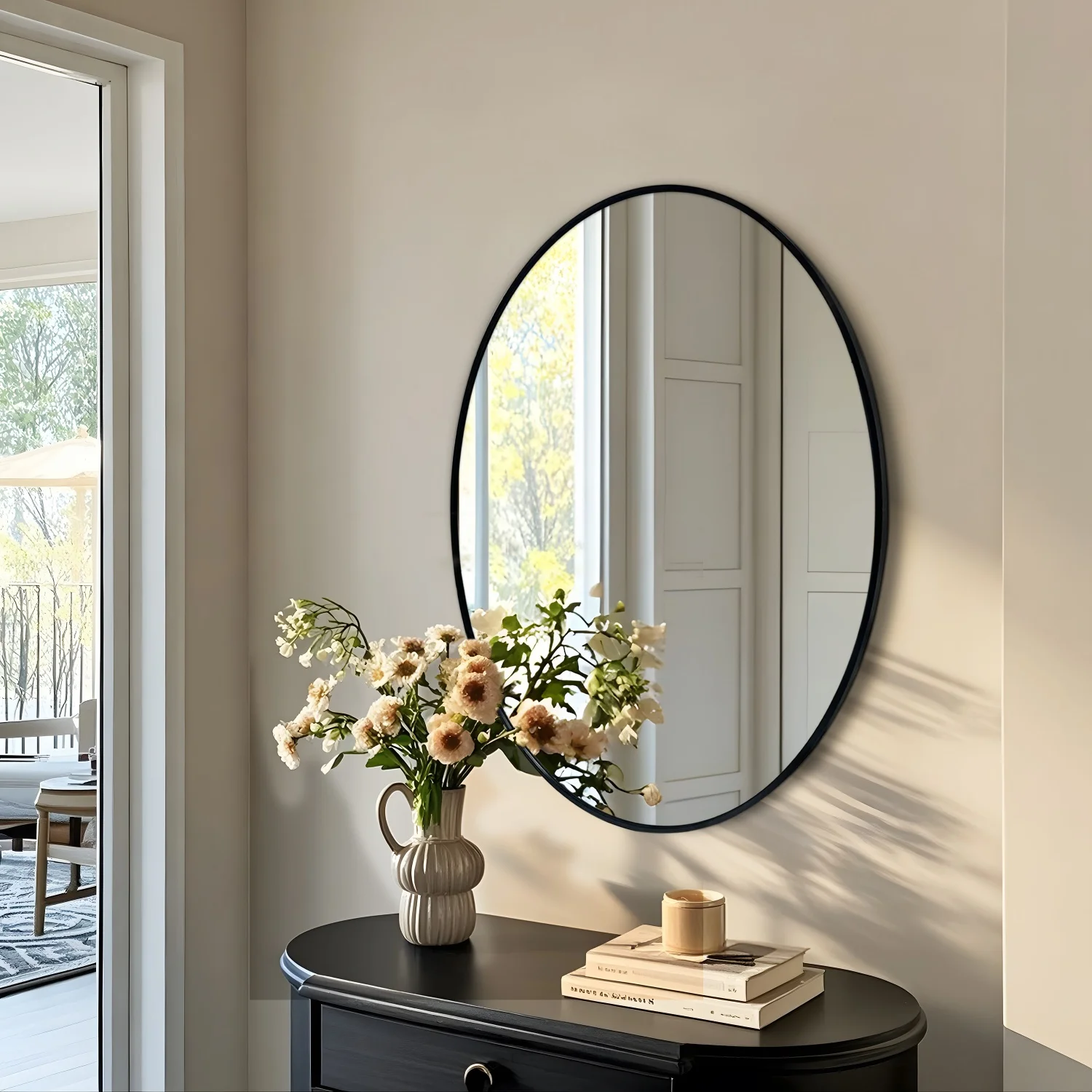 80/90cm Matte Black Oval Mirror for Bathroom Making Shaving Metal Frame Wall Mounted Mirror Home Decorative