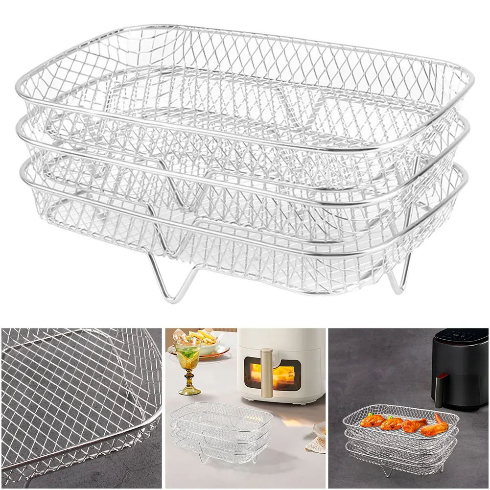 3-layers Air Fryer Rack Stackable Grilling Rack Stainless Steel Airfryer Oven Grill Steamer Cooker Kitchen Gadgets Cooking Tools