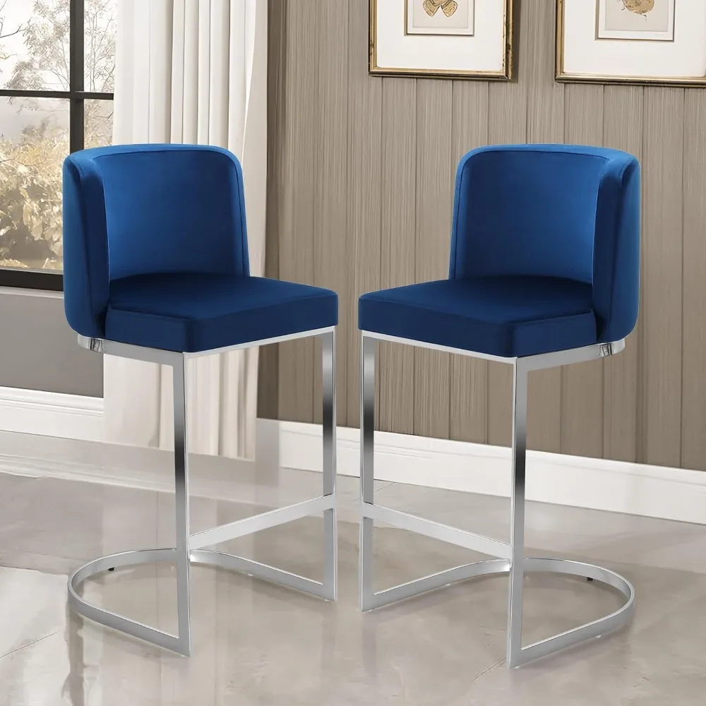 カウンター高さ26インチのバースツール2脚セット、背もたれとC型メタルフレーム付きモダンベルベットバースツール、布張りバーチェアカウンター