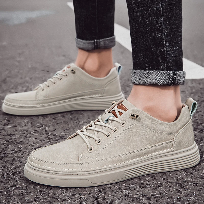 

New Men's Casual Fashion Trends Leather Shoes Thick Bottom Low Top Sneaker Breathable Soft Tread Outdoor Non Slip Comfort Shoes