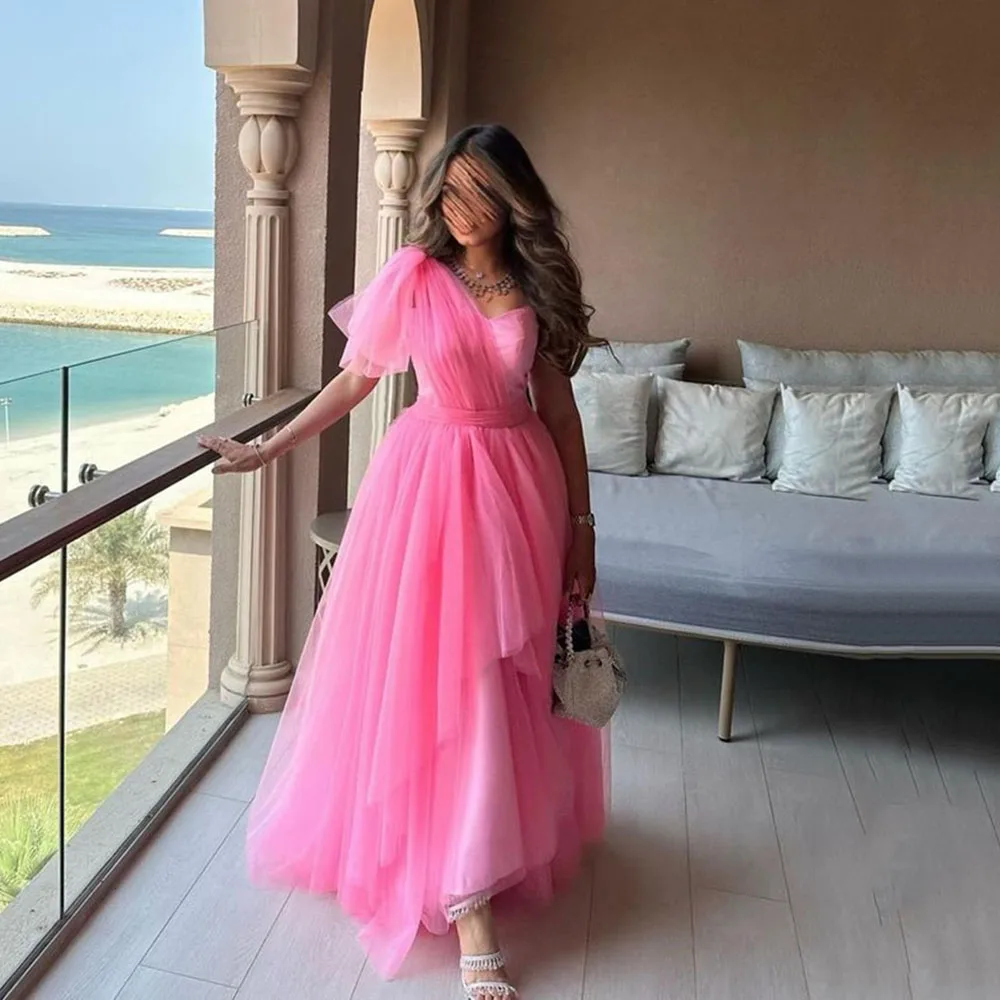 

Msikoods Formal Prom Dresses A-Line Pink One Shoulder Pleated Evening Dress Saudi Arabic Wedding Graduation Party Gowns