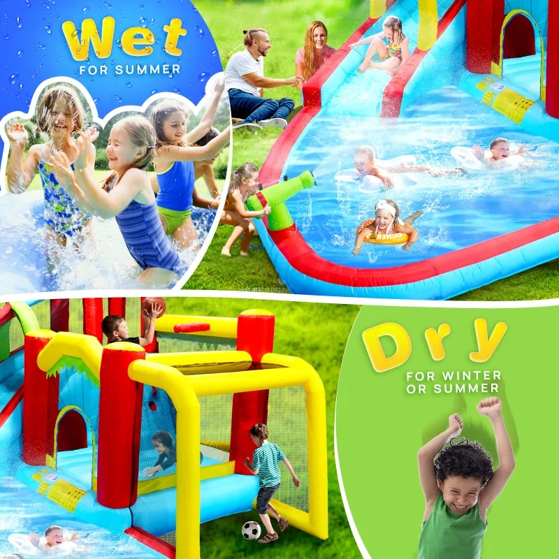Parque aquático inflável 7 em 1, casa saltando, jardim de futebol ao ar livre, pouncer com piscina respingo, pistola de água e parede de escalada