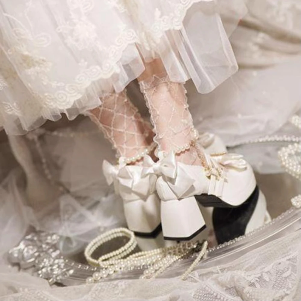 Zapatos dulces Lolita Mary Jane, tacones rosas, plataforma, lazo Kawaii de perlas, zapatos individuales de cuero de princesa, zapatos de tacón de diseño Original