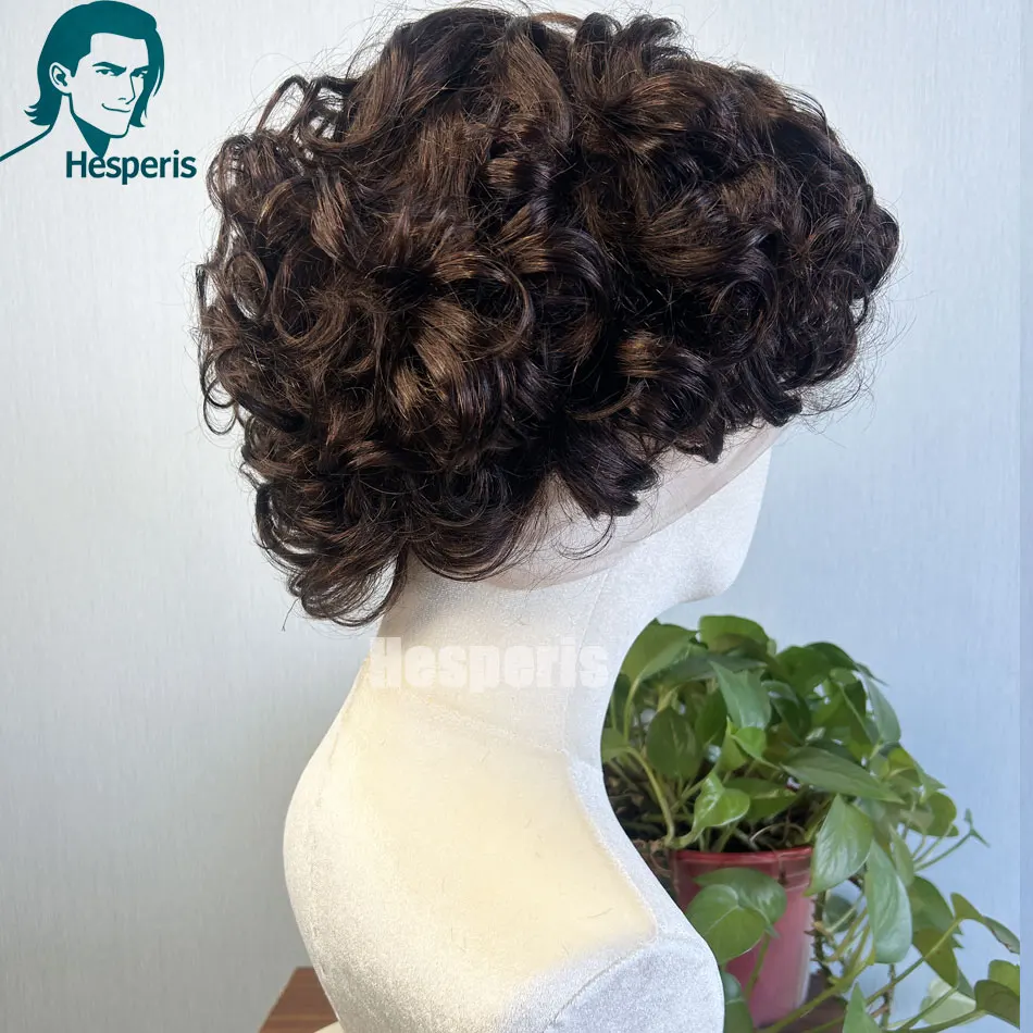 ヘスペリス男性用人毛ブラウンウィッグプレスタイルカーリーフルレースウィッグ男性用ハンサムコスプレ人毛ウィッグ接着剤不要ブラウンヘア