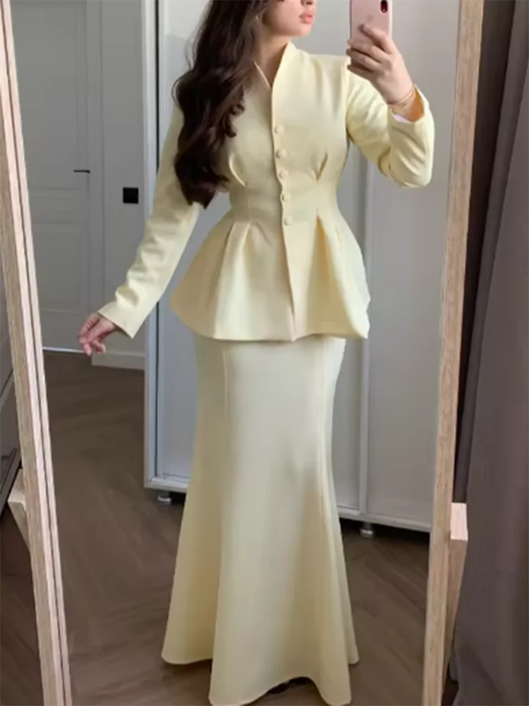 

Casual Slim Solid Women's Commute 2pc Sets Elegant Wrap Hips Skirts Sets Temperament V-neck Long Sleeve Shirts Half Skirts Sets