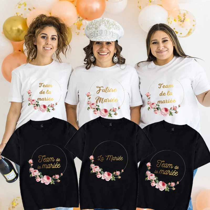 Franse vrouwen bruids bruiloft verloofd tshirt team toekomstige bruid bloem krans T-shirt vrijgezellenfeest tops korte mouwen tees