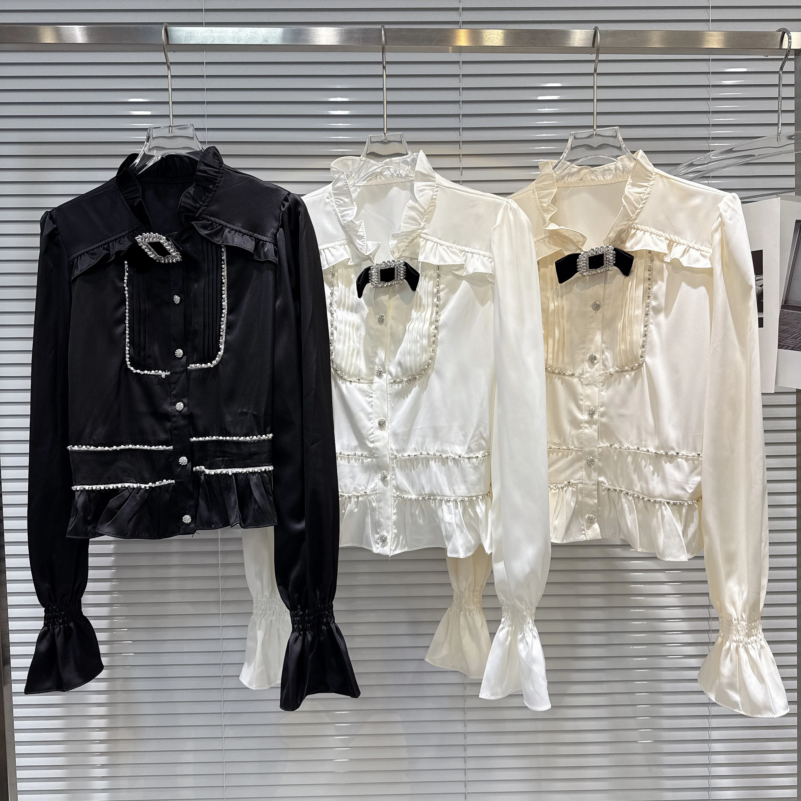 

Gagarich модная женская блузка, осень 2023, новая французская светская рубашка со стразами и галстуком-бабочкой, кружевная шелковая рубашка с шипами и бисером, топ