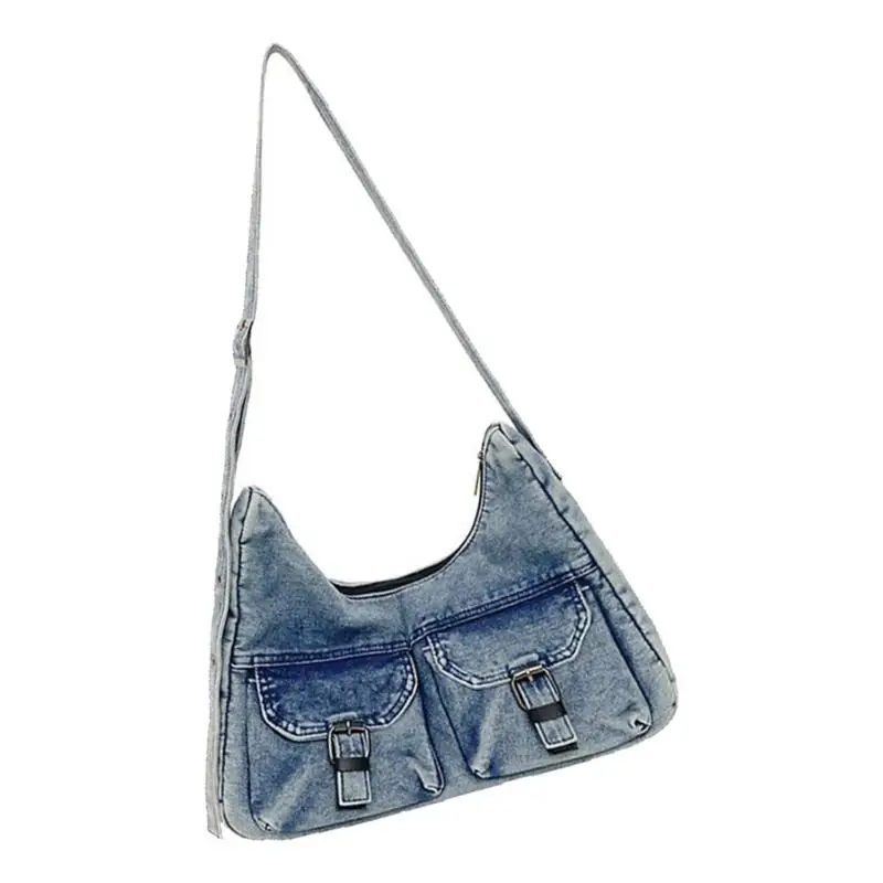 

D46D Casual Washed Jeans Shoulder Bag Spacious Interior Crossbody Bag for Women