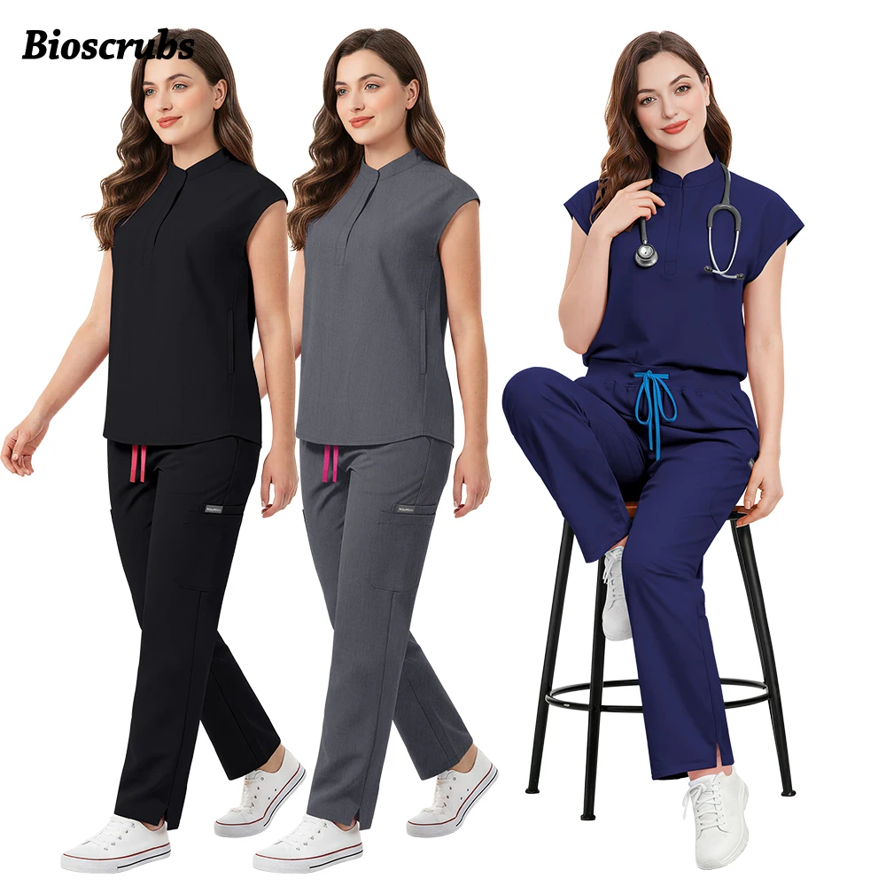 New Medical Nurse Uniform Trendy Women Scrubs Set Stretch Soft Stand Neck Tops Straight Pants Hospital Pet Clinic Doctor Costume