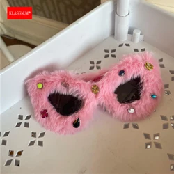 KLASSNUM Women Vintage Party Eyewear Hip Hop Fluffy Cat Eye Sun Glasses Female Winter Pink Plush Glasses Funny Cosplay Glasses