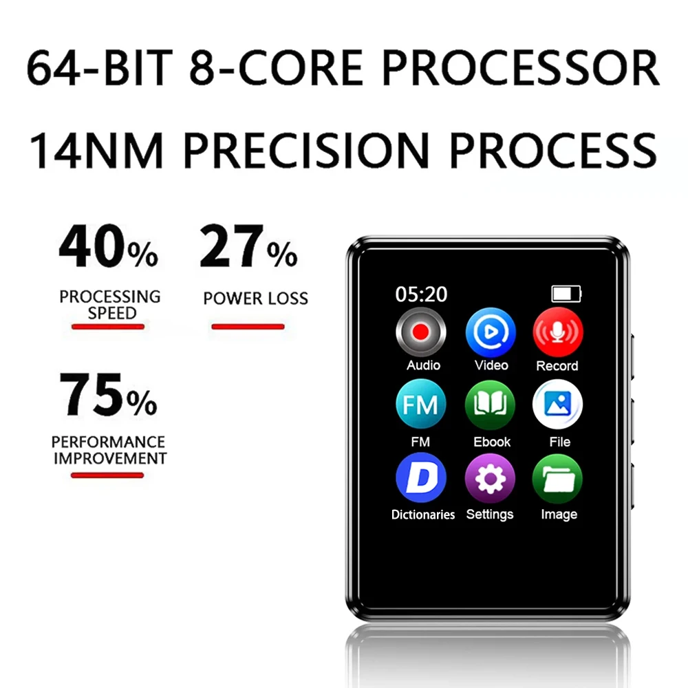 Bluetooth 5.0 MP3 플레이어 내장 스피커 1.8인치 터치스크린 HIFI 스테레오 음악 워크맨 FM 라디오 전자책 녹음 MP3 플레이어