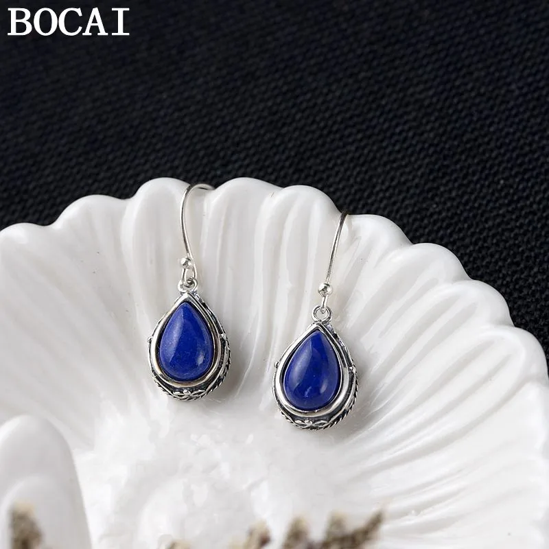 BOCAI S925 Silver Retro Minimalist Lapis Lazuli Stud Earrings for Women Elegant Gift Jewelry