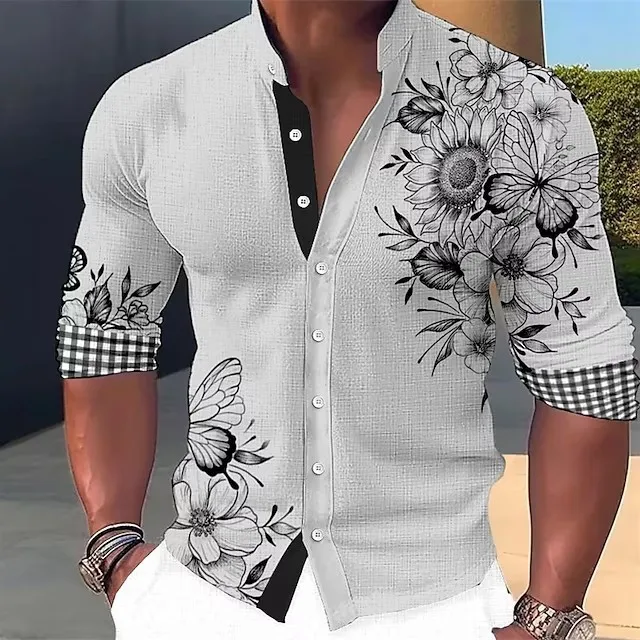 Wearing Plant Print Men's Standing Collar Long Sleeved Shirt For Commuting To Work Summer Casual Long Sleeved Top MB1