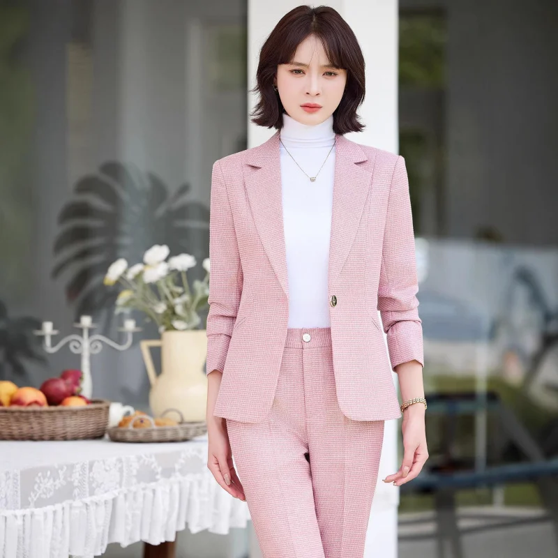 طقم بدلة نسائية جديدة لخريف 2025 بأكمام طويلة سترة وبنطلون احترافي ملابس عمل رسمية أنيقة وعصرية