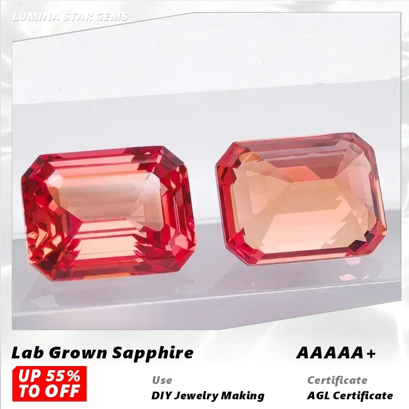 

L-Lab Grown Sapphire Emerald Cut Sunset Red Color VVS1 Gemstone Charms DIY Jewelry Making Materials Selectable AGL Certificate
