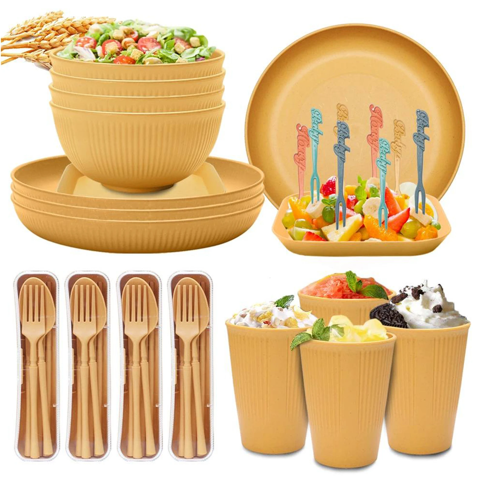 

Camping Outdoor Natural Straw fiber 8-piece Yellow Wheat Straw Tableware Set For Parties Picnic Camping and Daily Meals