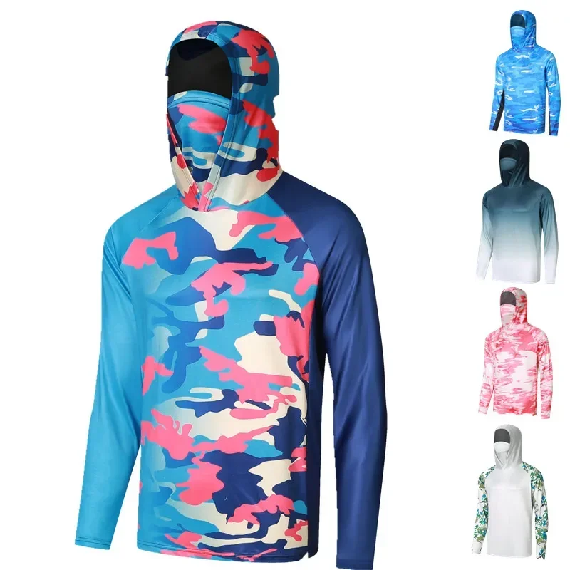 Camisa de pesca masculina com capuz, capa facial, roupas de pesca, capuz com máscara ao ar livre, proteção solar UV, verão