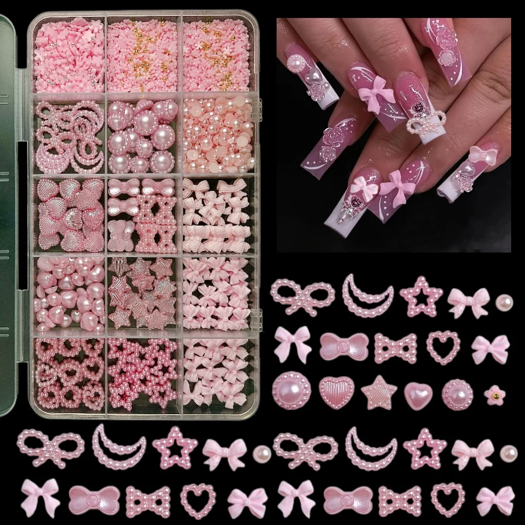 1Box Hollowed Realistic Pearl Heart Pentagram Nail Charms Sweet Wind Ribbon Bows Rainbow Mixed Resin Nail Art Decorations DIY