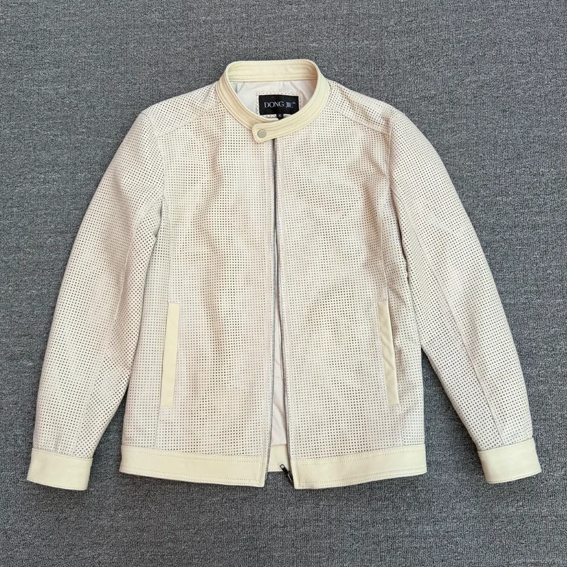 Breathable hollow top layer sheepskin leather leather men's stand collar light white leather jacket pure leather coat