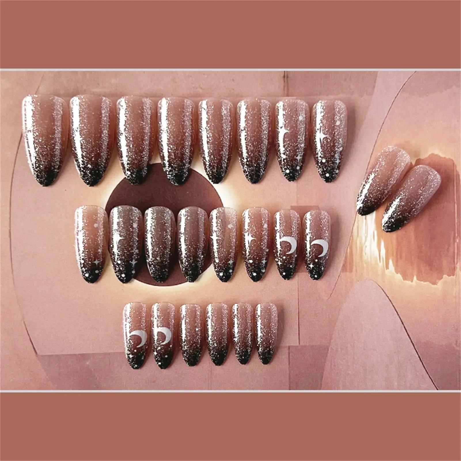 Pointed Head Fake Nails with Star and Moon Setting Ultra-flexible Long Lasting Fake Nails for Hot Girl Dress Matching