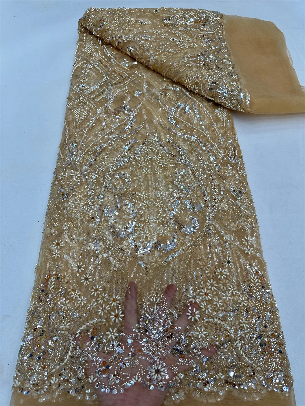 

Luxurious Nigerian Handmade Beads Lace Fabric 2024 High Quality Gold Beaded Embroidery African French Lace Fabric For Dresses