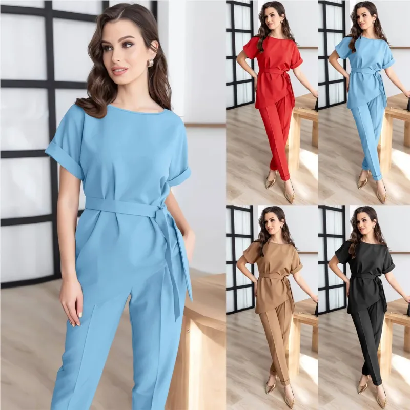 

Fashion Round Neck Bevel Suit Belt Tops Pants Suit Formal Business Workwear Lady Outfit Casual Solid Blouse Pant Set 2-Piece Set