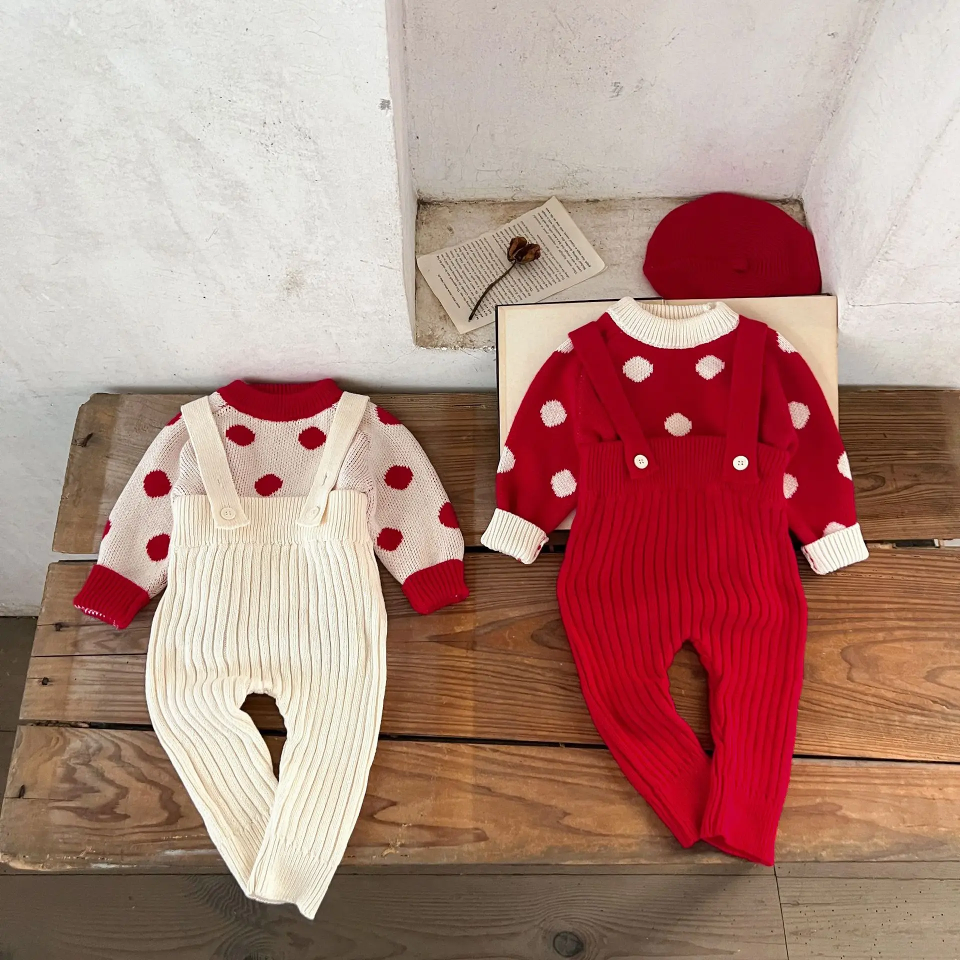 Ins Autumn Newborn Girl 2PCS Clothes Set Cotton Dot Infant Girl Knitted Sweater Outfits Solid Ribbed Kid Baby Girl Overalls Suit