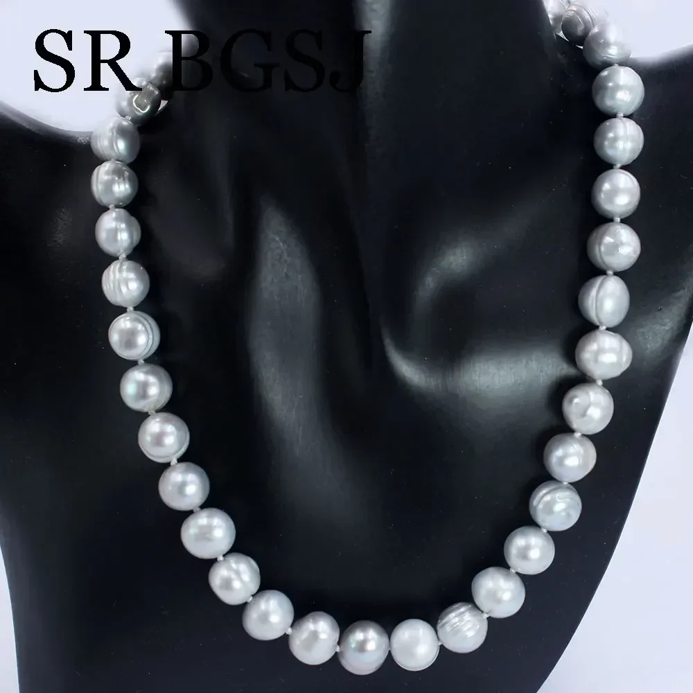 11-12mm Nice Round Gray Natural Genuine Freshwater Pearl Women Bead Choker Necklace 17-20inch