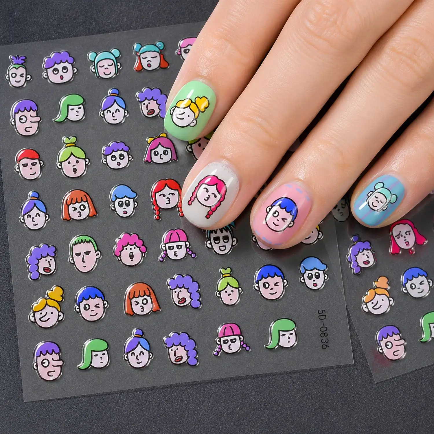 1Pc Clear Outline Heads Fun Nail Sticker Multi Color Relief Fun Nail Decal Accents Fun Nail Slider